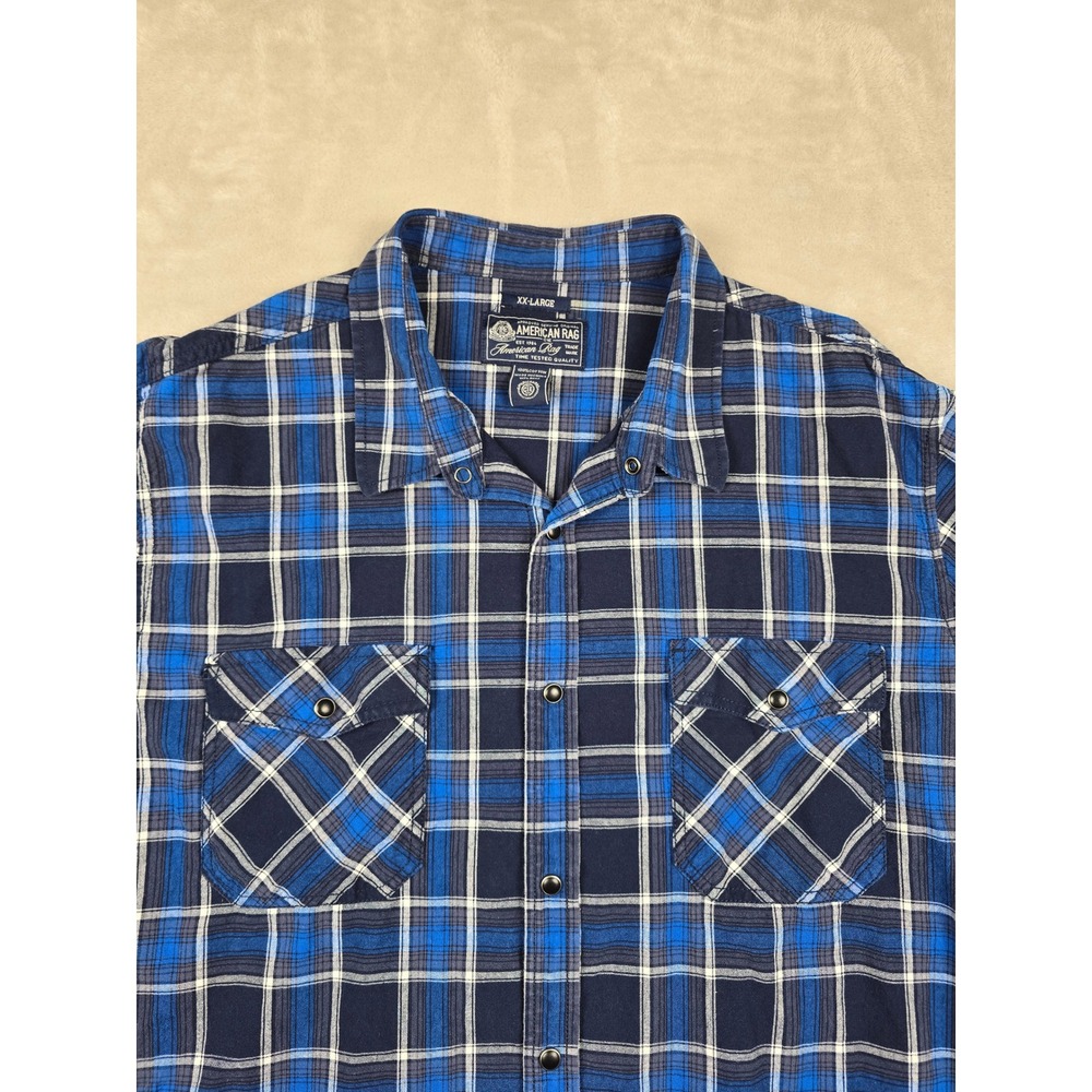 American Rag Pearl Snap Shirt Mens XXL‎ Blue Plaid Long Sleeve Western Pockets